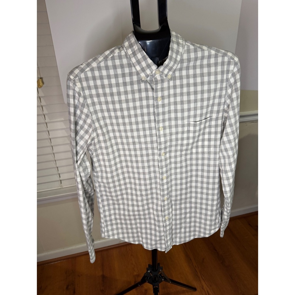 J.Crew Secret Wash Slim Untucked Gingham Shirt Mens Medium Grey White Stretch